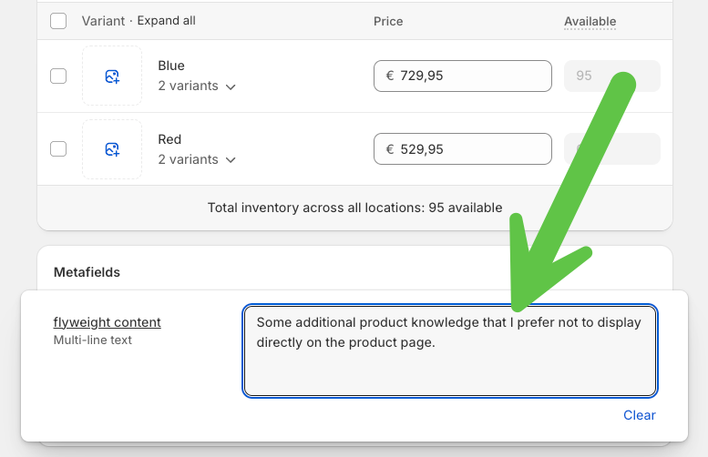 Flyweight Content Metafeld auf einer Shopify-Produktseite