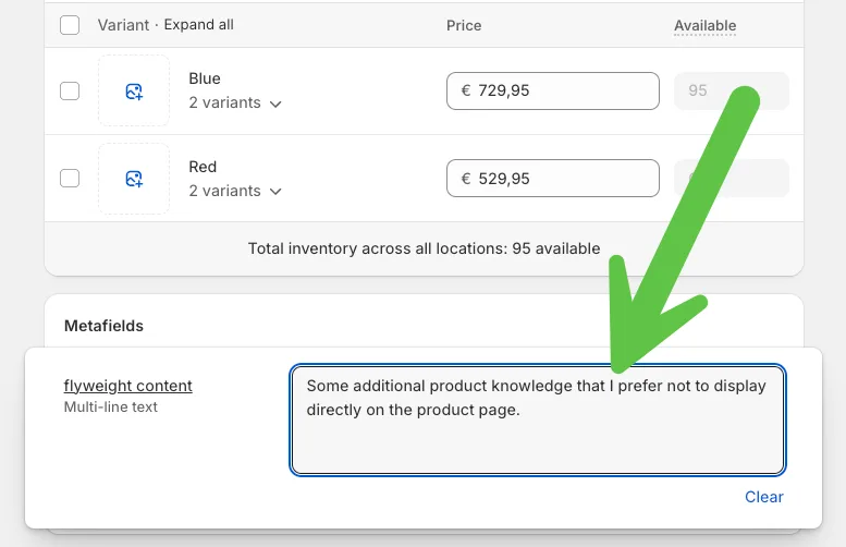 Flyweight Content metafield on a Shopify product page