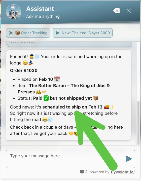 KI-Chatbot-Antwort mit bestellspezifischen Informationen