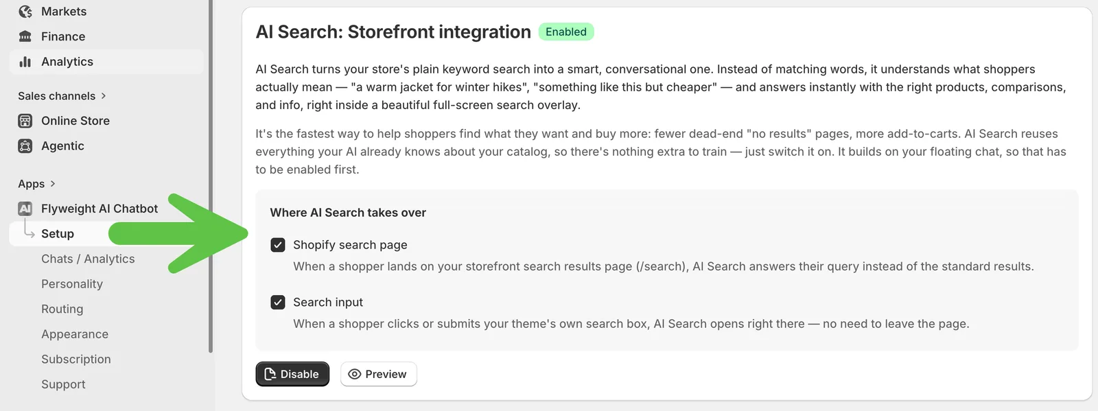 Activate AI Search on the Flyweight Setup page