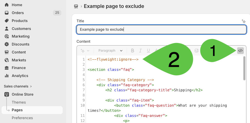Set the flyweight ignore tab on Shopify html content