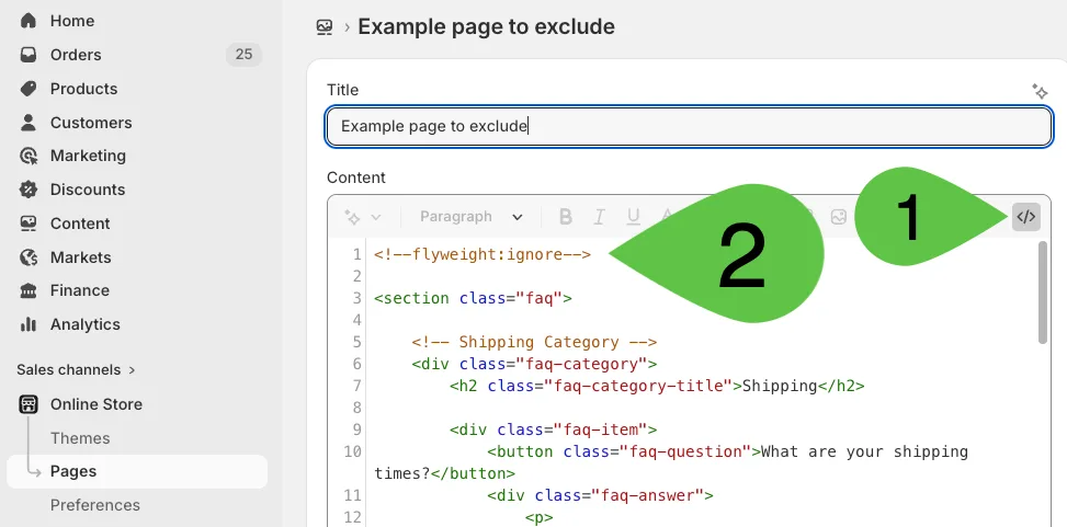 De flyweight-ignore tag instellen in Shopify HTML-content