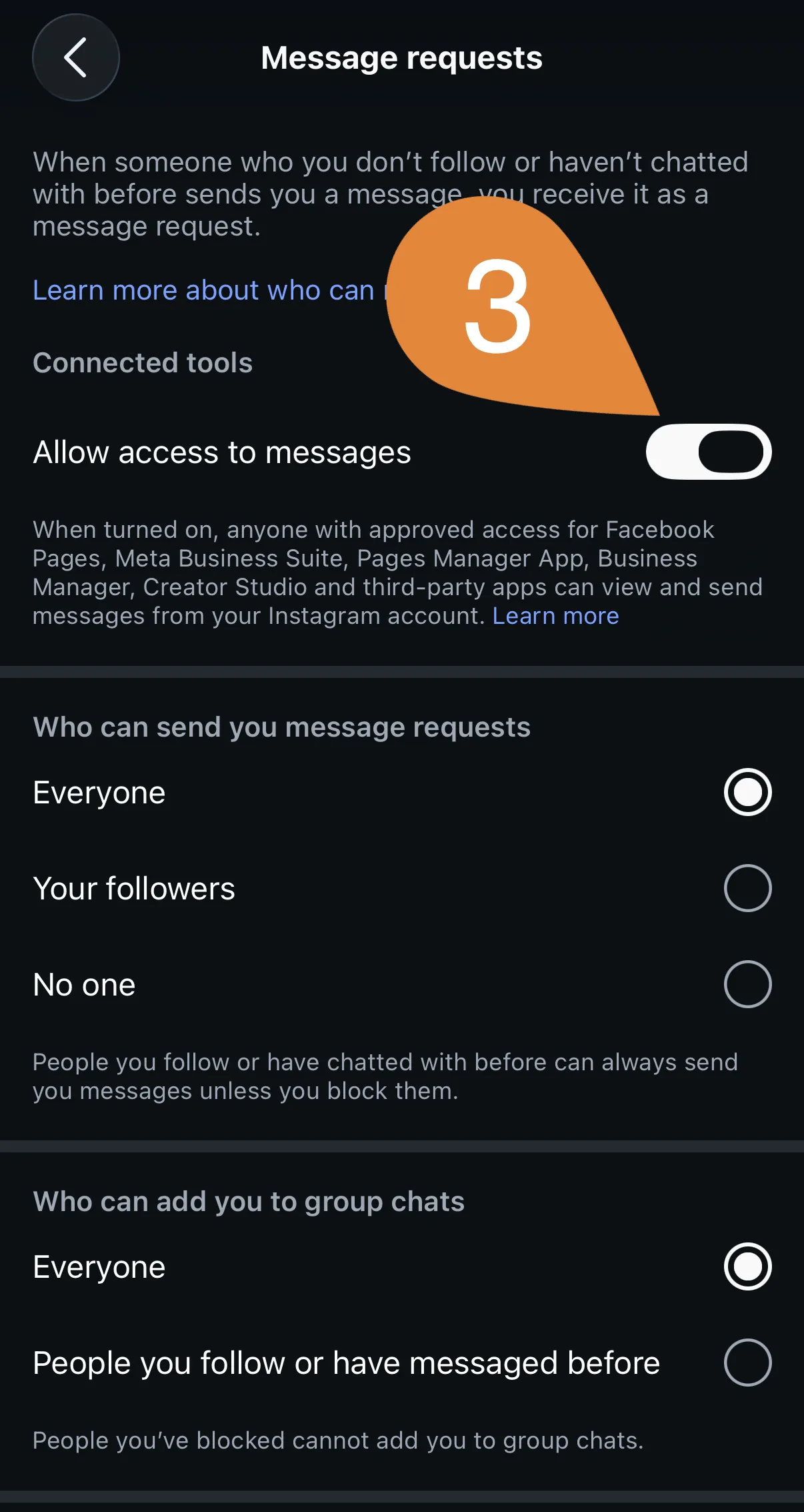 Instagram message requests screen with allow access to messages enabled