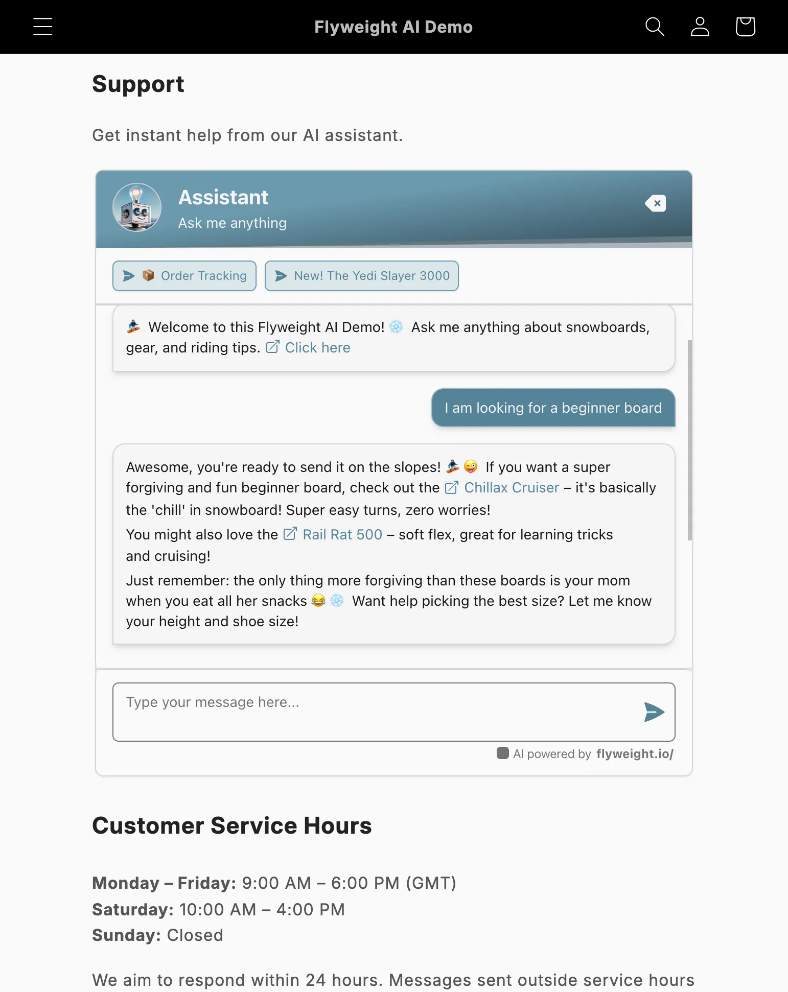 Skjermbilde av AI chatbot-widget lagt inn på kontaktsiden i en Shopify-butikk