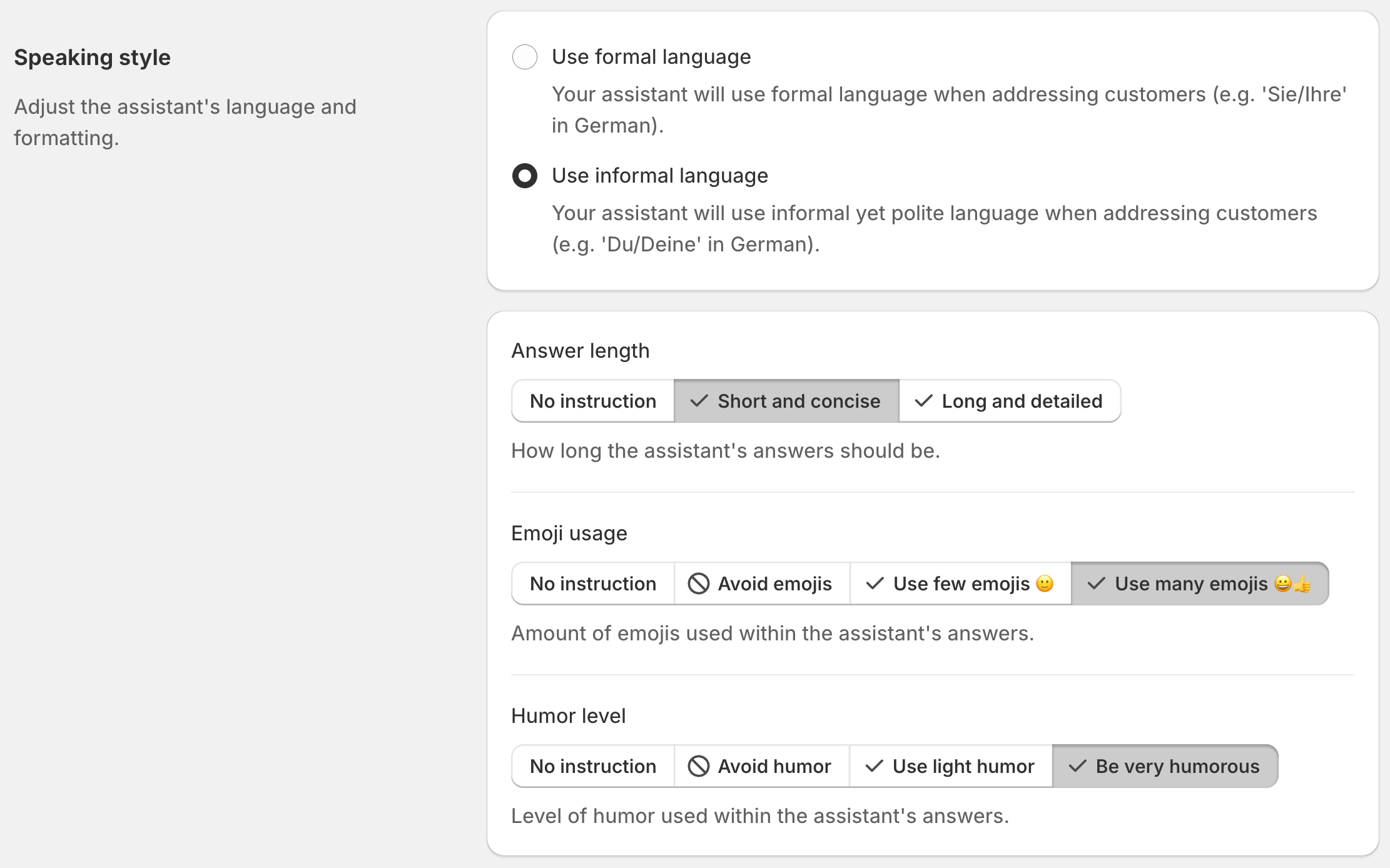 Personality settings in Flyweight AI Shopify app