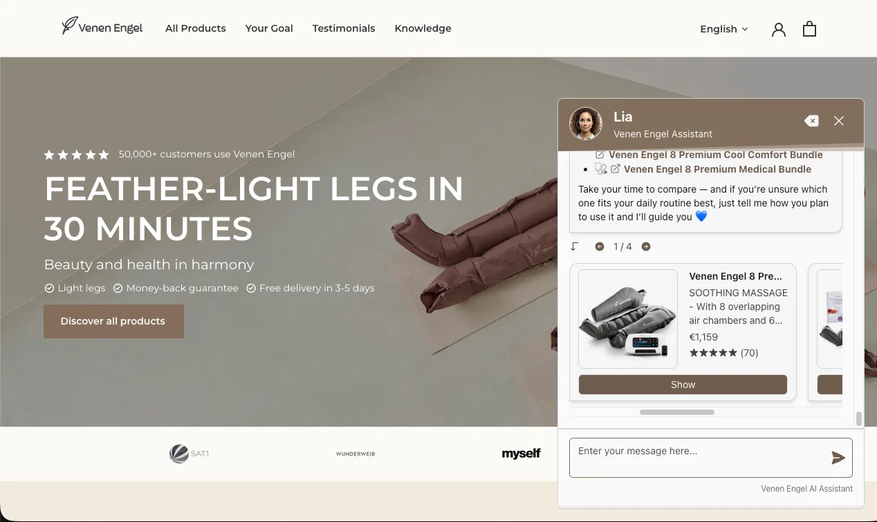 Venen Engel AI Chatbot for Shopify drevet av Flyweight AI