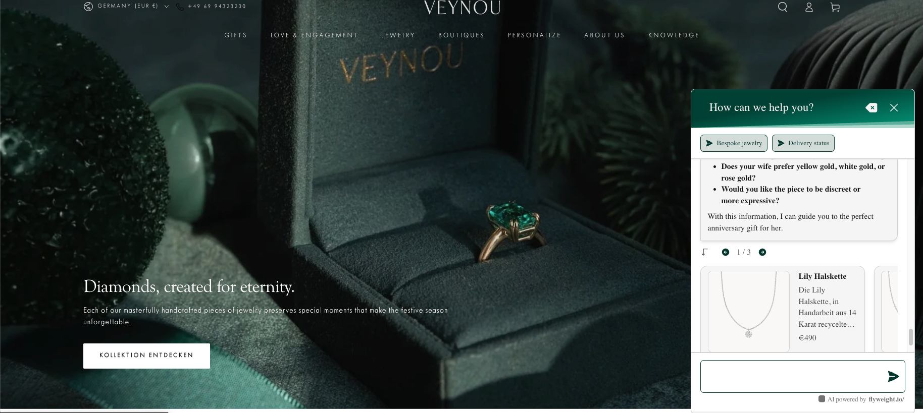 Veynou AI Chatbot for Shopify powered by Flyweight AI